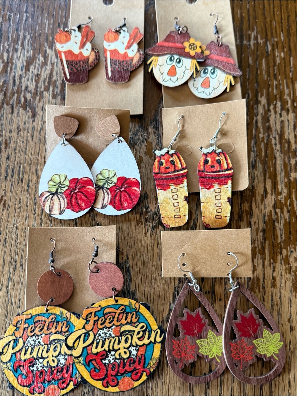 Fall/Autumn Earrings 6 Pair New Wood Dangle 2” Multiple Designs Festive